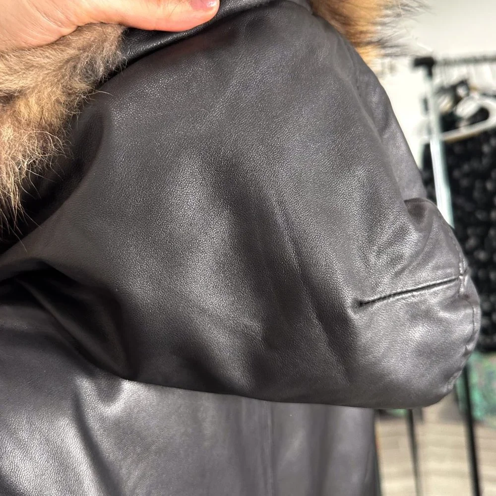 Genuine Lamb Leather Longline Coat Jacket w/ Remove-able Faux Fur Trim Hood - Picture 10 of 16